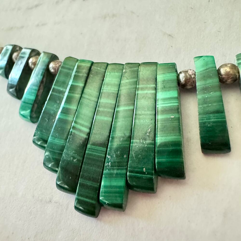 Vintage Native American Malachite Fringe Double Strand Silver Necklace 22-25”44g - Picture 2 of 13